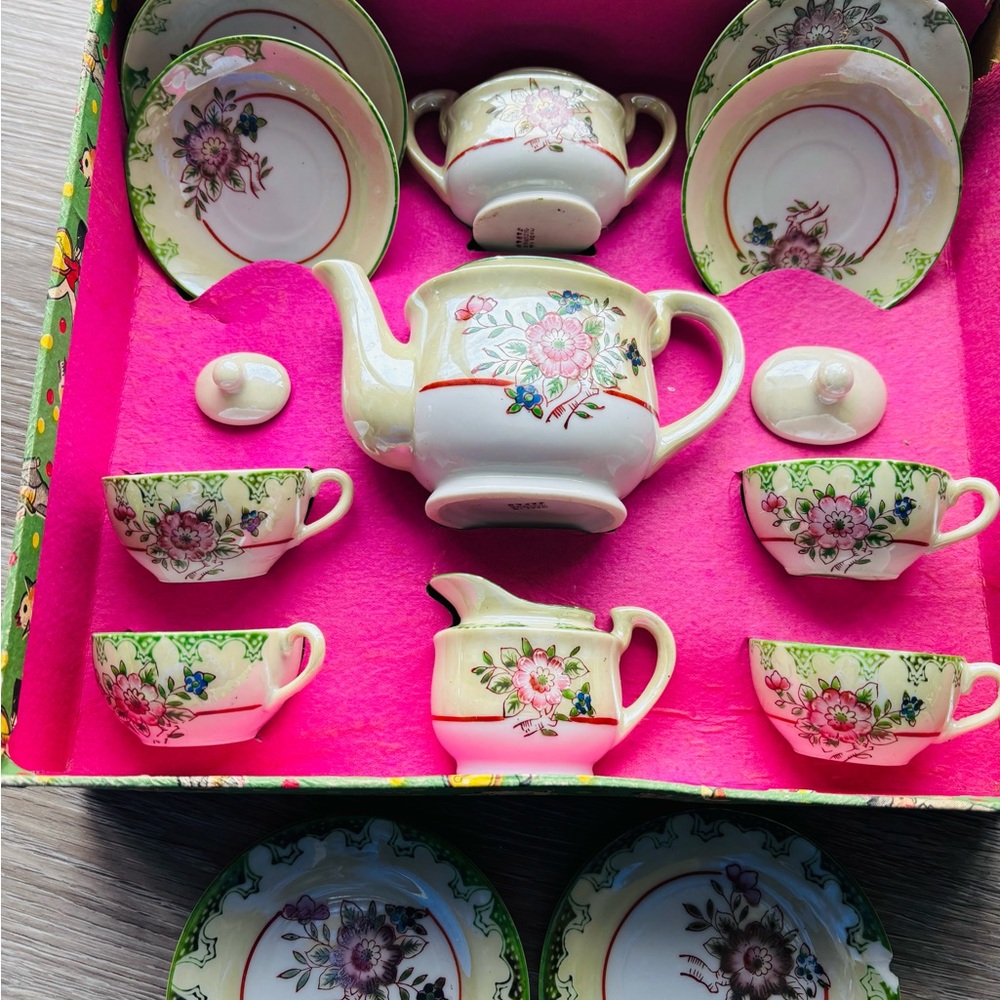 Floral Tea Set with Pink and Green Accents